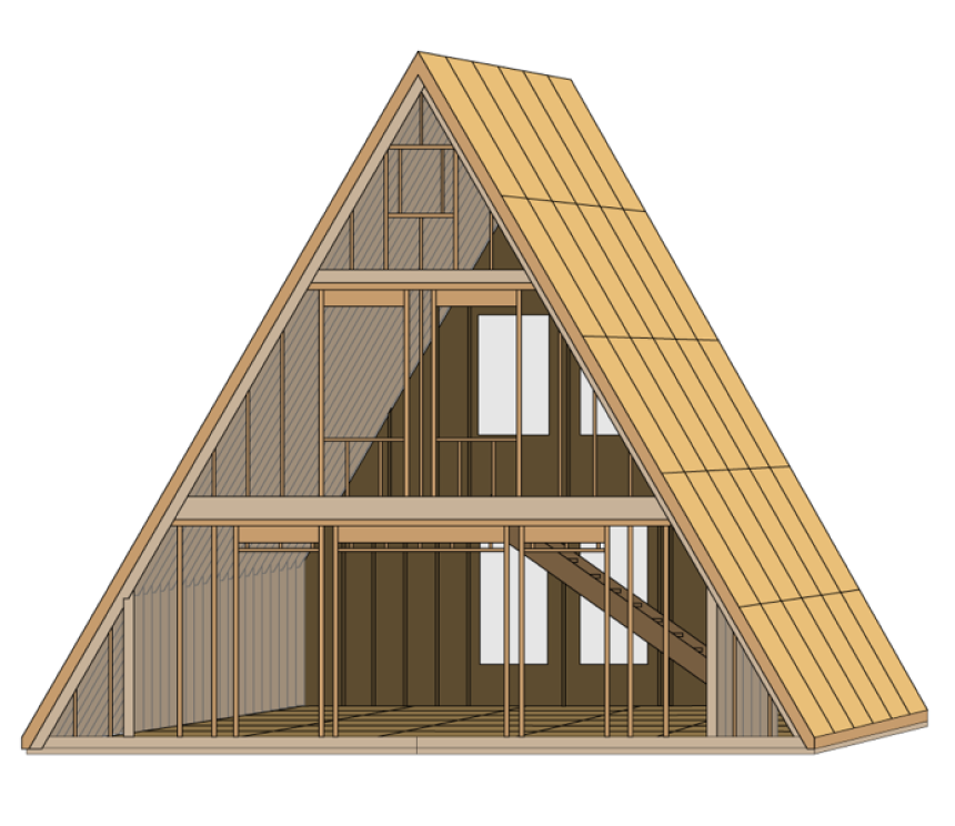 A layered image showing the frame, joints and exterior of an Avrame A-frame studio.